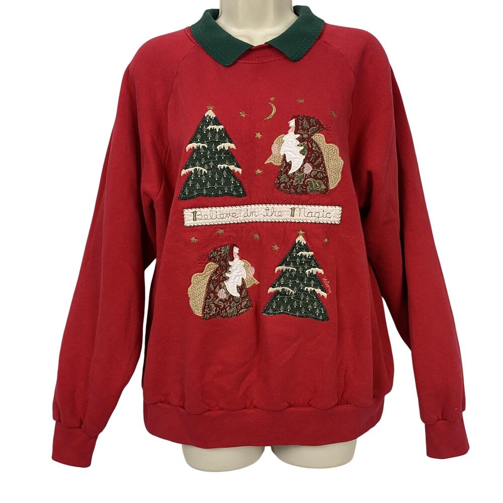 Vintage Valories Folk Art Sweatshirt Womens Large Christmas Quilted Collared 90s